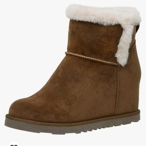 Cushionaire, Kenzie hidden wedge heel Tan sued fur booties.